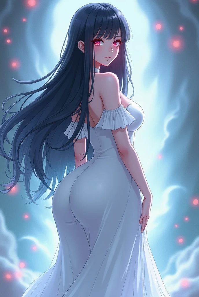 White woman, Black hair, White hat, Red eyes, Thick body, Huge breasts, Big boobs, Big ass, Tall, White dress, Anime style, Ghost aura