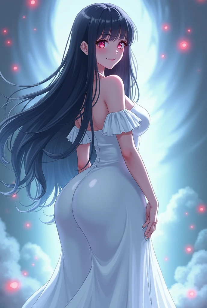 White woman, Black hair, White hat, Red eyes, Thick body, Huge breasts, Big boobs, Big ass, Tall, White dress, Anime style, Ghost aura
