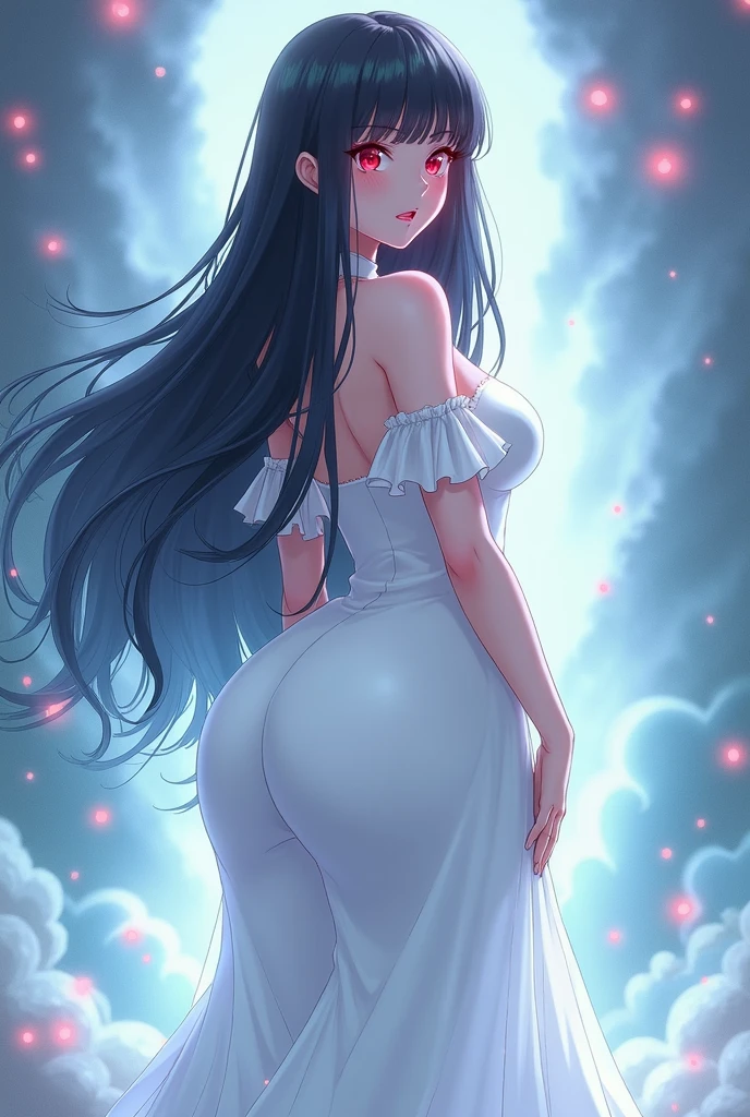 White woman, Black hair, White hat, Red eyes, Thick body, Huge breasts, Big boobs, Big ass, Tall, White dress, Anime style, Ghost aura 