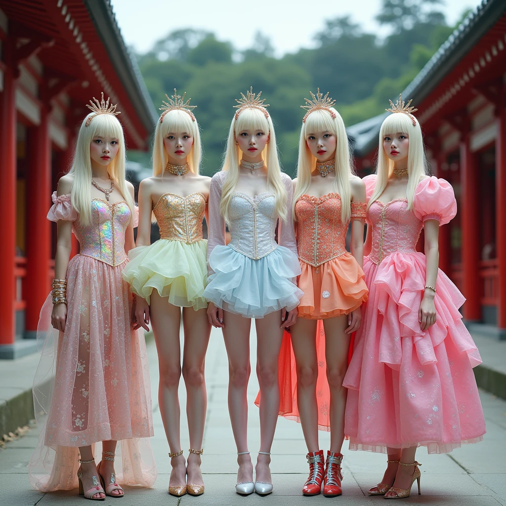 (((full body)):1.5), Group photo, In line, ((Glossy Reflecting collection)), ((Glossy Reflecting collection)), ((Glossy Reflecting collection)), ((Oily shiny)), ((Anatomically correct)), The whole photo is perfectly integrated, windy weather ,((Pure white skin)), ((strange colors)), (aristocratic beauty) ,((Alien Blonde)), ((Outdoors of Japanese shrines)) ,((ta decoration):1.3), Perfect background with no people, ((5girls)), ((Extremely colorful costumes):1.55) , ((Extremely colorful pantyhose)1.4), ((silk)), Different styles of clothing,(((The clothes are covered with a huge amount of patterns))),((Russian student uniforms )), ((Noble Academy Uniform)), ((Sunday school)), ((Sailor Suit)), ((Long-sleeved student suit)), (Dancing outfit), ((Long JK Tutu dress)) , (Flowy puffy dress), Pleated dress , (Extremely gorgeous women's suit), (The perfect combination of Sailor and dress), (((pantyhose in non-traditional colors))), ((Glossy reflective pantyhose)), ((Glossy reflective clothes)), ((Glossy reflective skin)), ((Glossy reflective skin)), ((Very plump body)), (((maid D’Orsay Flats Flats))) ,((The perfect combination of corset and dress)), Huge amount of body decoration, A huge amount of hand decorations,((Asian squat in a line )) , ((Metal collar)), (((Metal chastity belt))), (((Extremely large number of patterns)):1.3), (Extremely complex patterns on Pantyhose) ,(Extremely complex patterns on clothes) , ((Metallic clothes)), ((Metallic dress)),((Metallic pantyhose):1.35), ((Metallic skin):1.35), (Lipstick), Big Breasts, Full of accessories, Full leg decorations , elegant , ((Exhibitionism)), ((Extremely sexy body proportions)), shiny skin, shiny glossy skin, oily body, glossy skin, oily skin, High heel ,High skin radiance, Anatomically correct, 16k, highres, best quality, super detail, anatomically correct, masterpiece