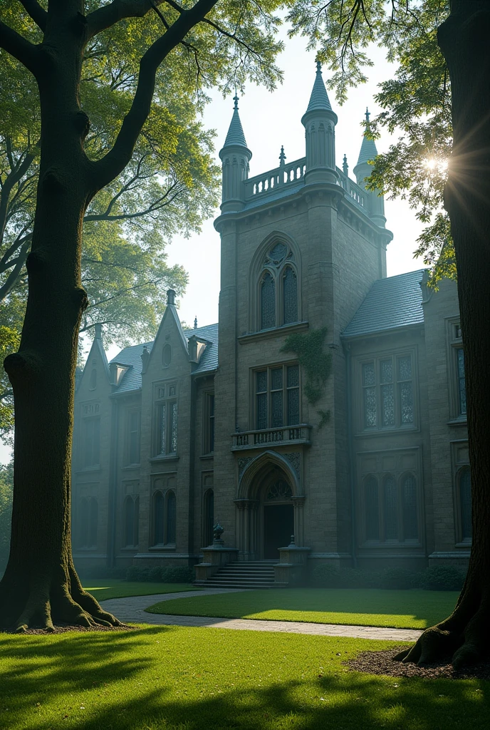  Mist or sunlight filtering through trees can add to a school&#39;s Gothic or antique architecture., with tall towers and a dark appearance. at school  

