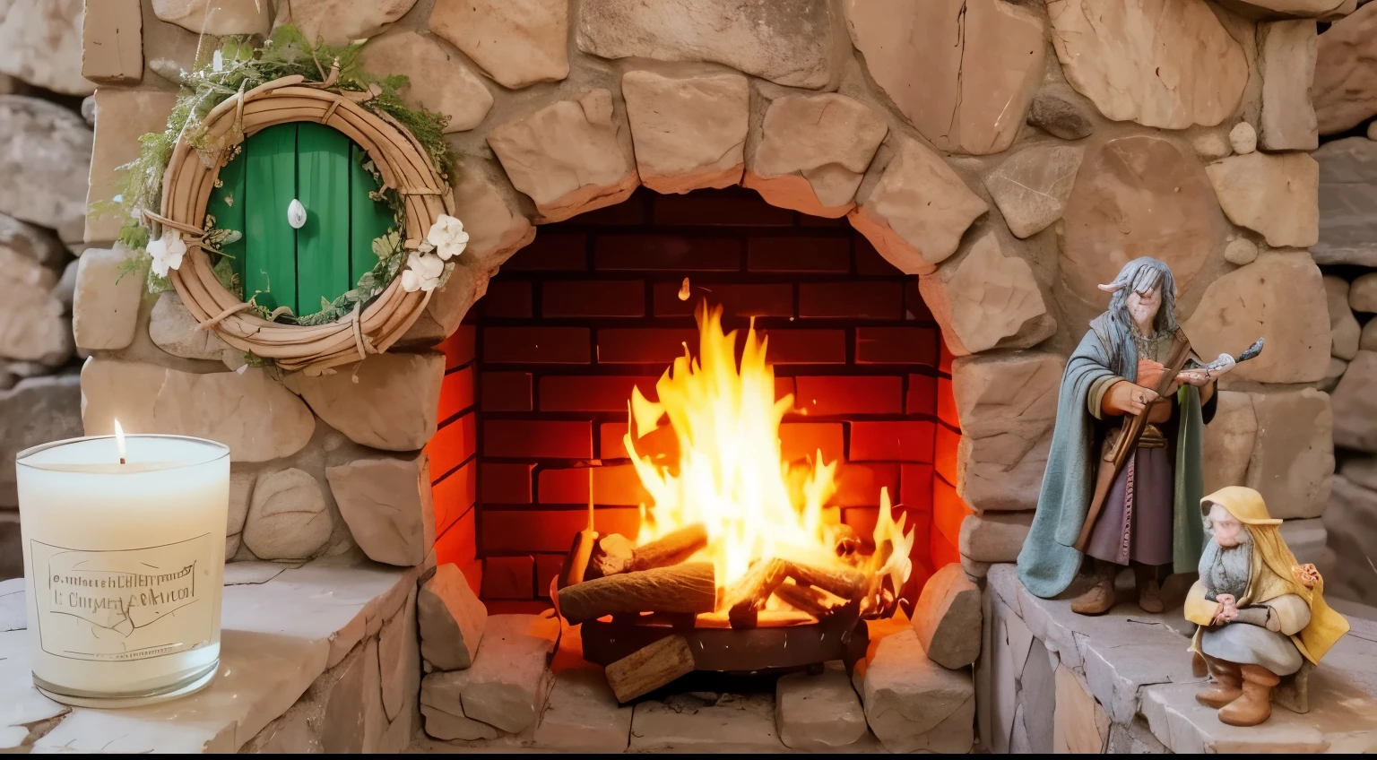 A cozy medieval stoned ROUNDED hobbit fireplace, a little statue of smeagle, a little statue of hobbit holding a sword, a hobbit LOR candle with ring, a cozy hobbit dor addornment, fantasy, magic, 8k quality