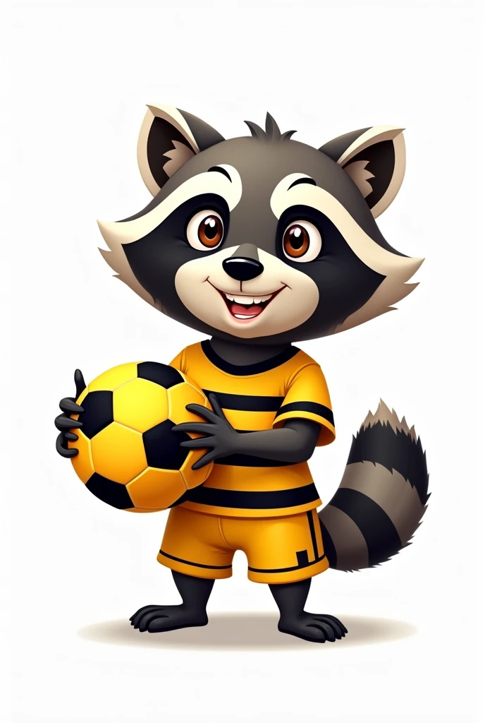 Create a cartoon style raccoon holding a soccer ball, His uniform is yellow with black details, without sports brands. White background