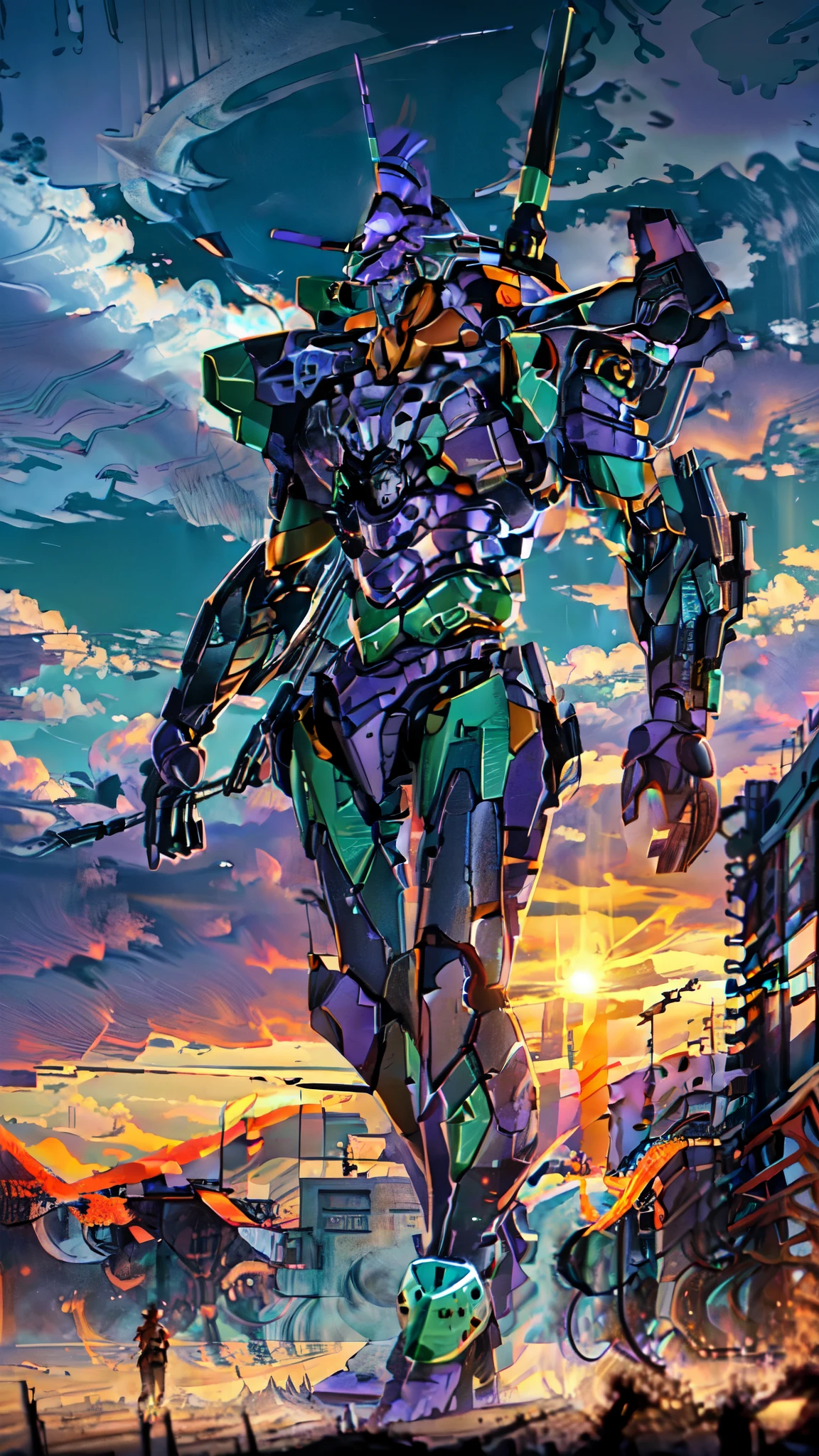 ((eva 01), evagod:1.1), evagenlion, Concept Design, sci-fic character design, SCIENCE FICTION, giant robot, advanced metal and Ceramic Mecha, Accurate EVA 01 head details, high-tech, huge android, (outdoors, sky, clouds), global illumination, rim light, octane rendering, ray tracing, 4k, Best quality, masterpiece, high res, highly detailed, scientific ???????, carbon fiber, titanium alloy, hyperrealistic, anatomical, beautiful Tokyo-3 background, CG, unity, wallpaper, Futurism, epic sense, doomsday, sci-fi fighter, giant machinery, correct perspective