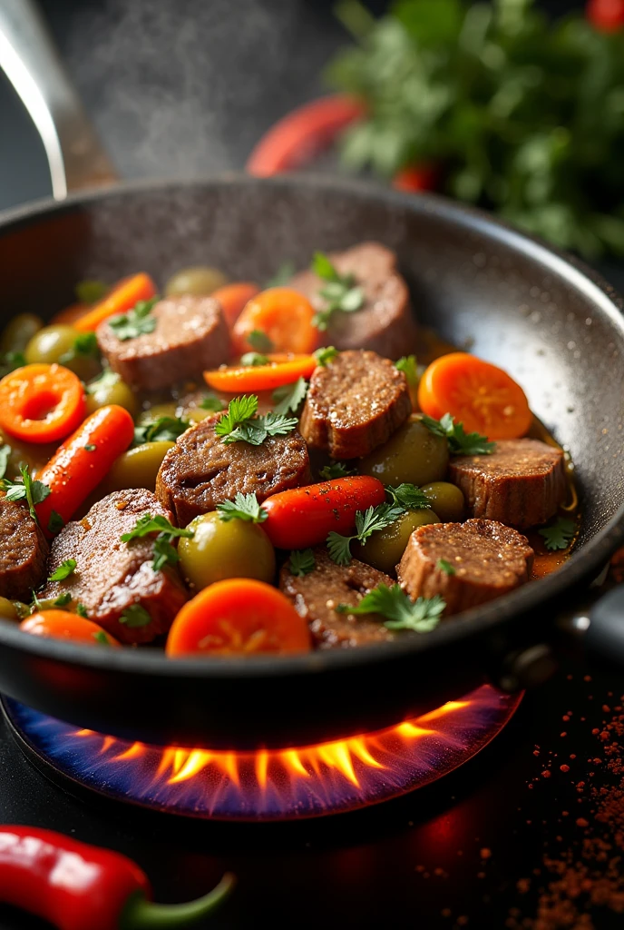 A pan sautéed vegetables like carrots, champiñon, Nopal and beef fillet with spices and fire around 