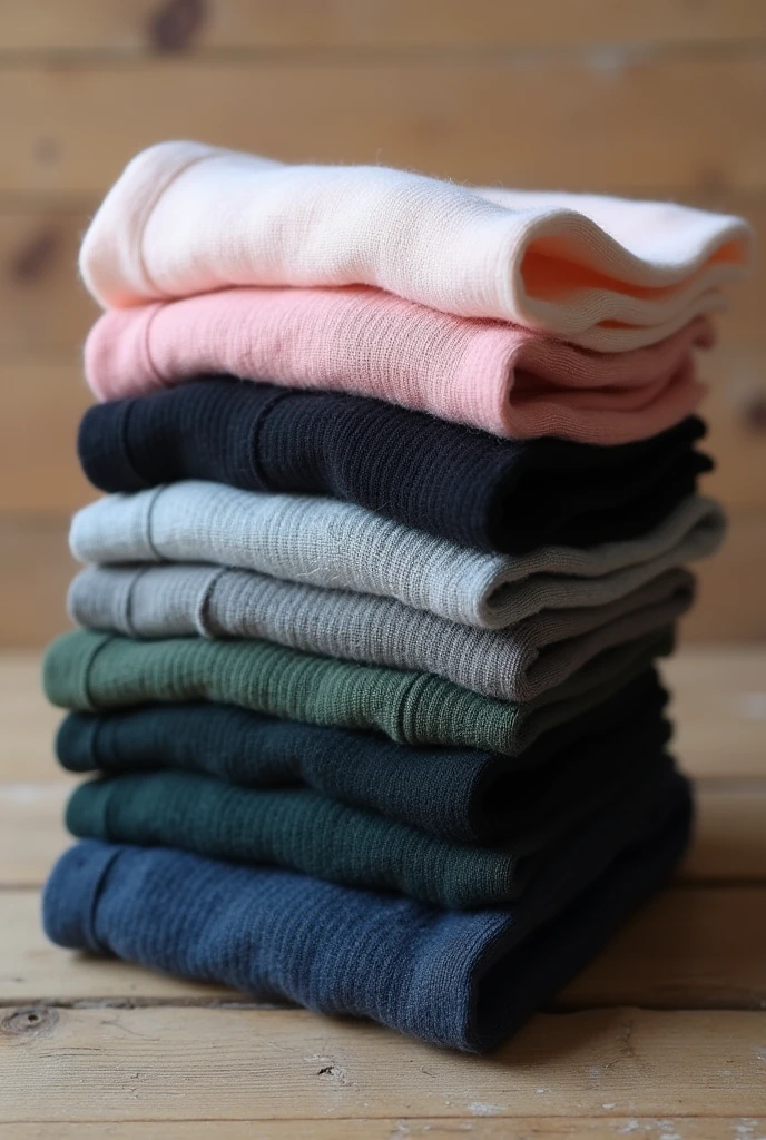 a stack of 10 thin cotton in socks in pale pink, black,gray, dark green and dark blue