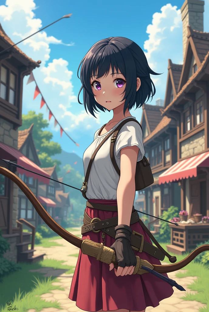A girl who wants to be a heroine in medieval times, He has short black hair, light skin color, purple eyes and uses a simple anime style weapon arrow