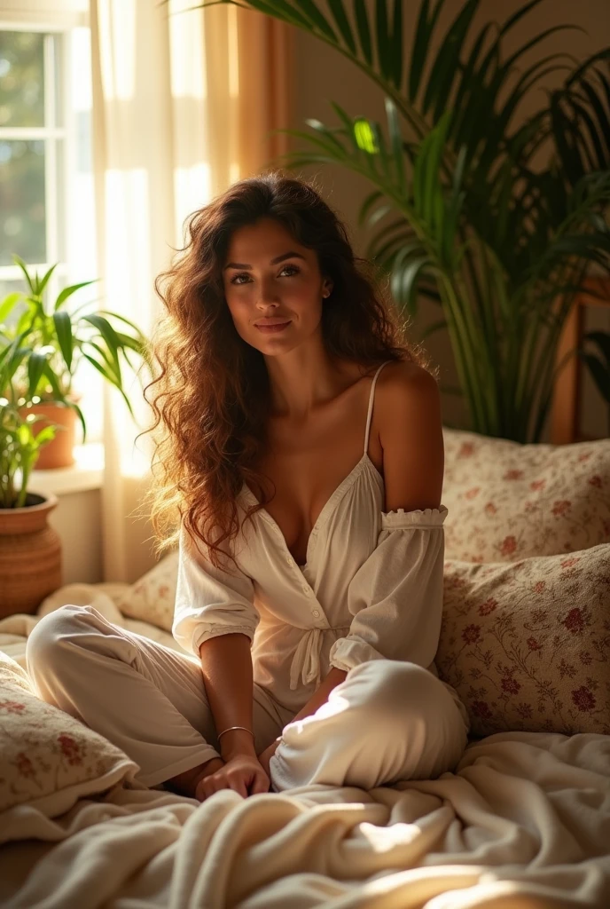 (photorealism:1.2), beautiful woman, sitting on bed, wearing loose off-shoulder top, pajama pants, long curly hair, indoors, soft lighting, plants in background, window with sunlight, cozy room, relaxed pose, realistic, intricate details, warm colors, by Greg Rutkowski, by Alphonse Mucha