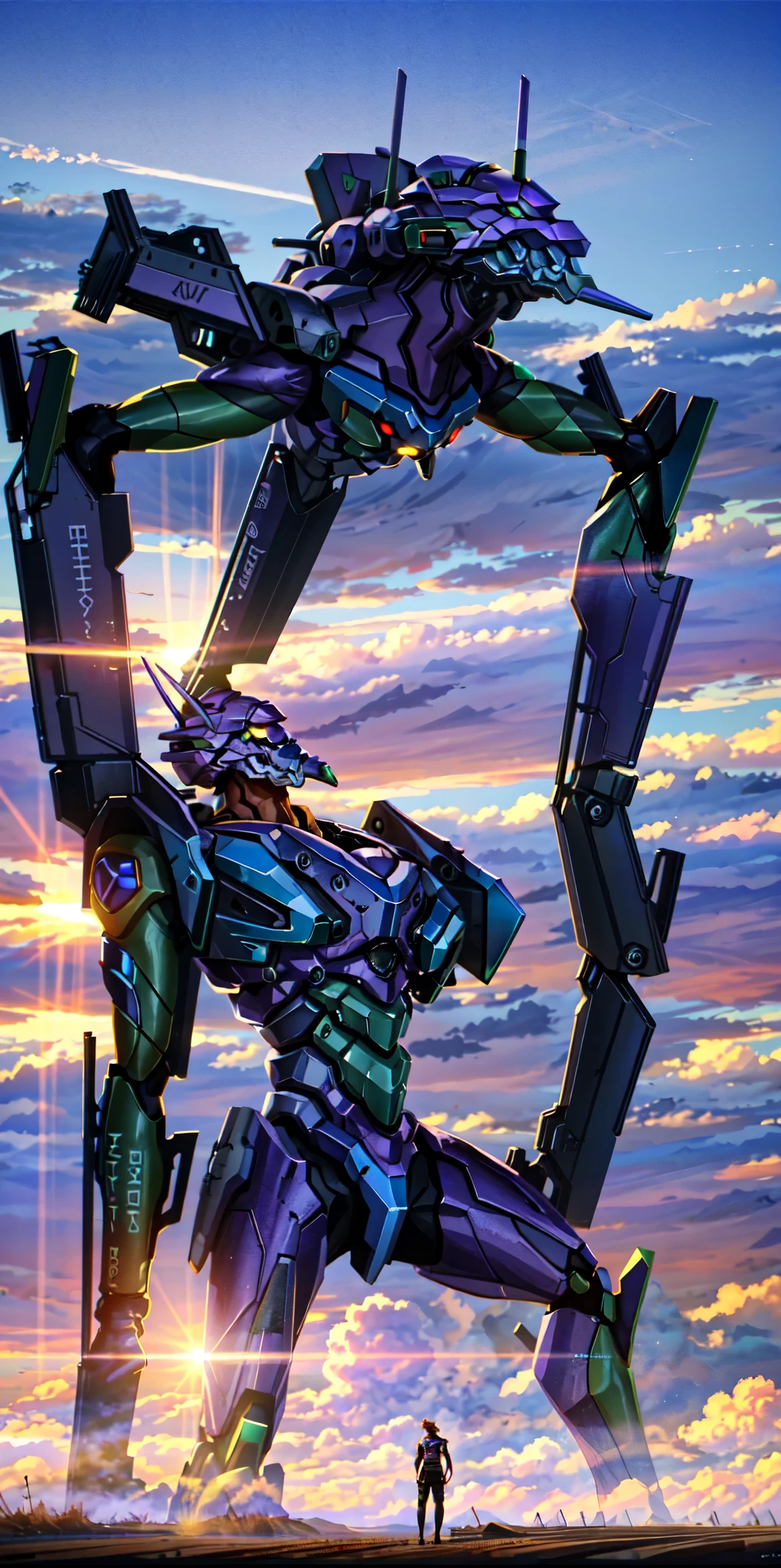 ((eva 01), evagod:1.1), evagenlion, Concept Design, sci-fic character design, SCIENCE FICTION, giant robot, advanced metal and Ceramic Mecha, Accurate EVA 01 head details, high-tech, huge android, (outdoors, sky, clouds), global illumination, rim light, octane rendering, ray tracing, 4k, Best quality, masterpiece, high res, highly detailed, scientific anatomy, carbon fiber, titanium alloy, hyperrealistic, anatomical, beautiful Tokyo-3 background, CG, unity, wallpaper, Futurism, epic sense, doomsday, sci-fi fighter, giant machinery, correct perspective