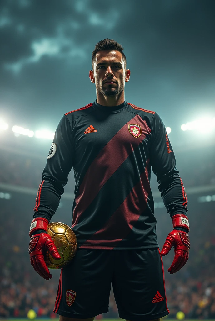 Generate me an image of the Argentine goalkeeper Martinez being a villain and a hero