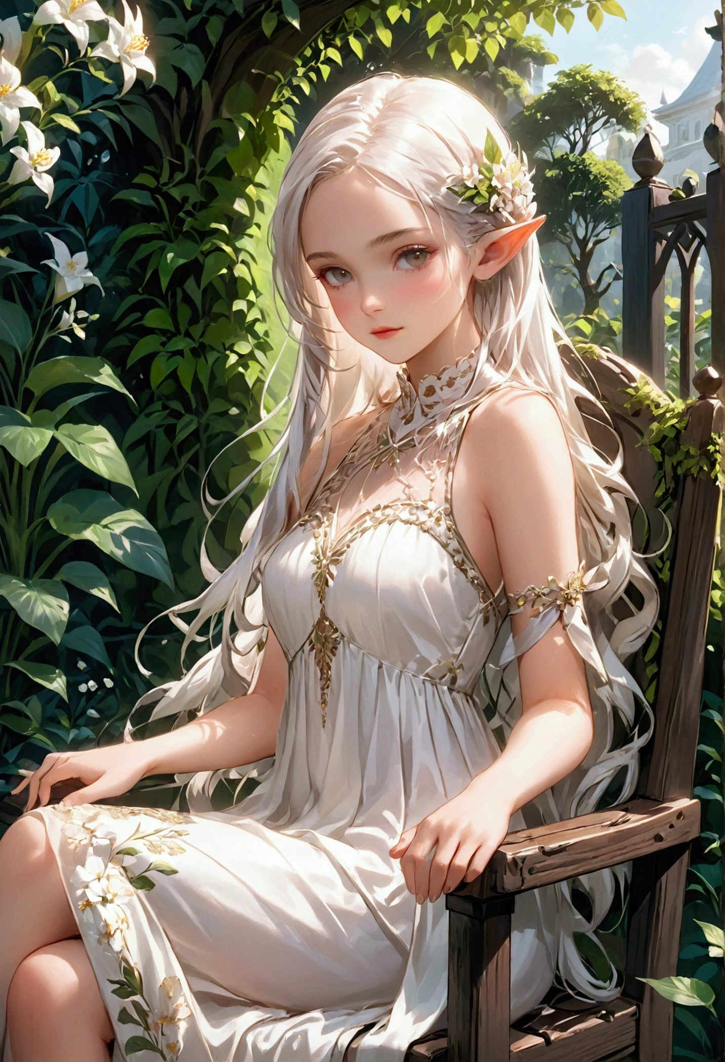 A beautiful elf with long white hair sitting on a wooden chair, elegant white dress, detailed facial features, delicate hands, serene expression, lush garden background with flowers and greenery, natural lighting, cinematic composition, 8K, award-winning illustration, masterpiece, photorealistic