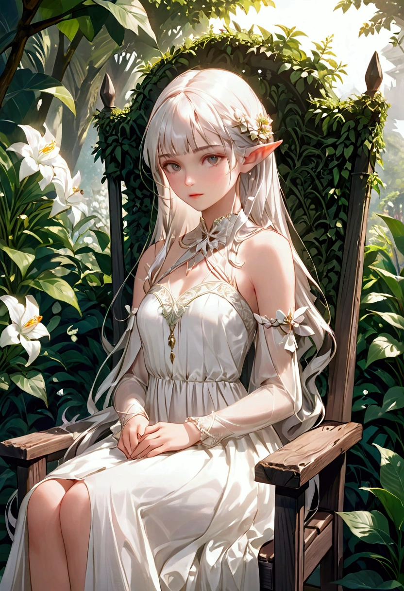 A beautiful elf with long white hair sitting on a wooden chair, elegant white dress, detailed facial features, delicate hands, serene expression, lush garden background with flowers and greenery, natural lighting, cinematic composition, 8K, award-winning illustration, masterpiece, photorealistic