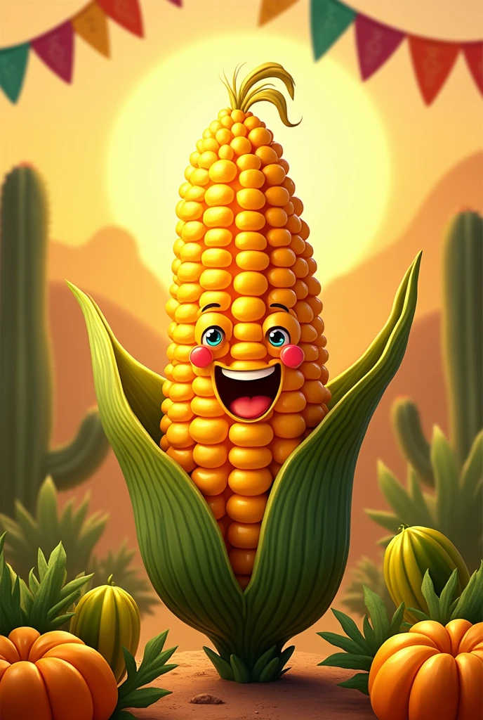 Animated corn cob logo with the word golden corn in Spanish Mexican theme
