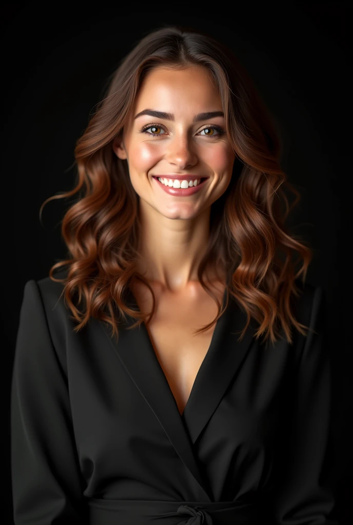 Create a smiling young woman of about 22 years old, Linda, chestnut wavy hair, confident and successful, friendly and charming but with a powerful and engaging look, in a modern professional environment with a black background. Add elements of elegance, confidence and subtle elements of lights or glitter to highlight the inspiration.