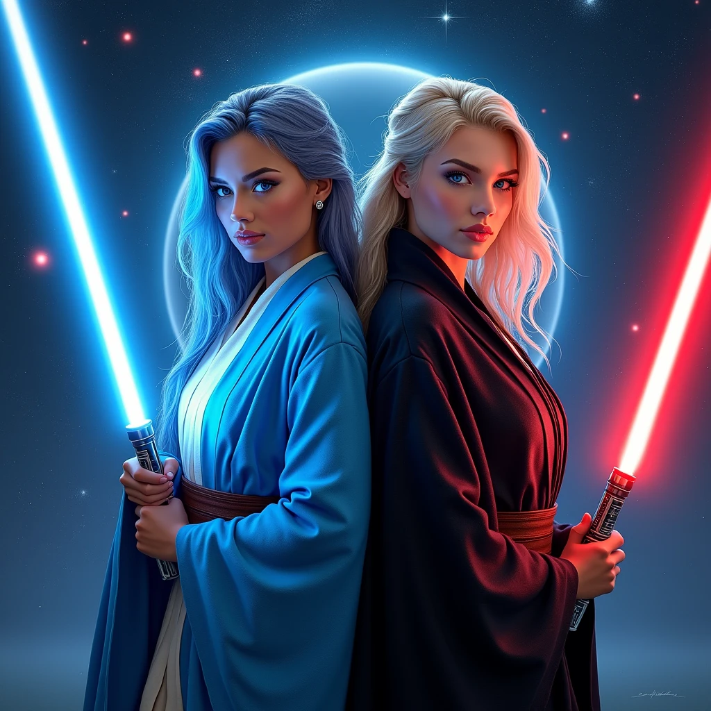 1 beautiful biracial latina woman, light blue hair, light blue eyes, big large breasts, cosplay in blue jedi with lighsaber blue close to a beautiful white woman, blue eyes, blond hair, big large breast, cosplay in black jedi lightsaber red, Résolution Haute, photorealism,Plan Américain, Vues Multiples, 