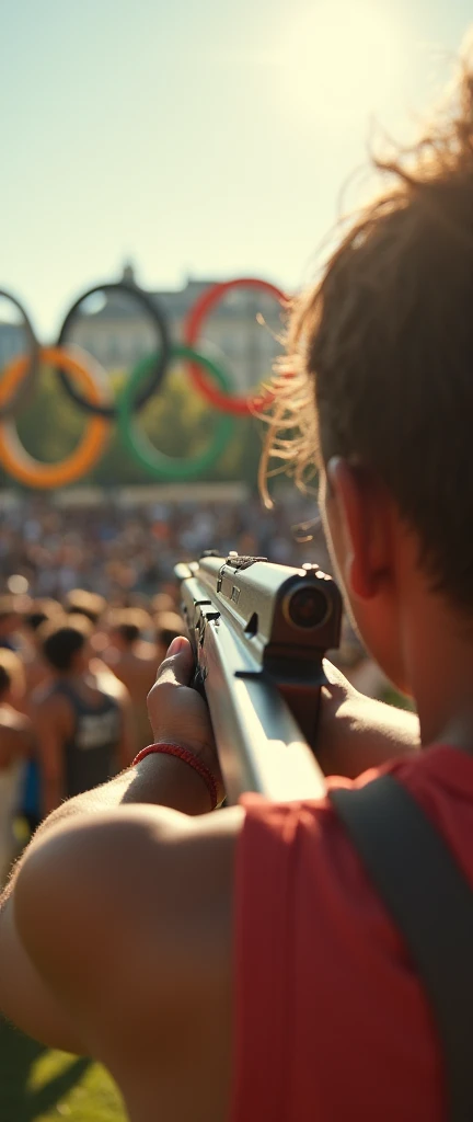 Shooting with a gun aiming at a target, Paris Olympic Games, with large hoops in the background