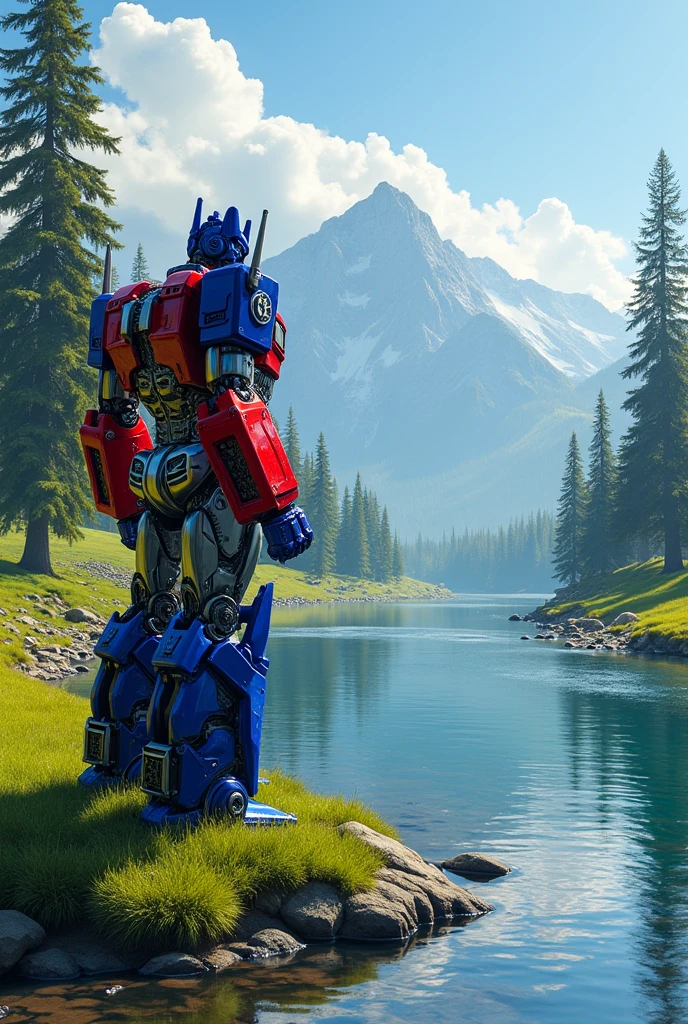 Optimus prime standing on the bank of a river 