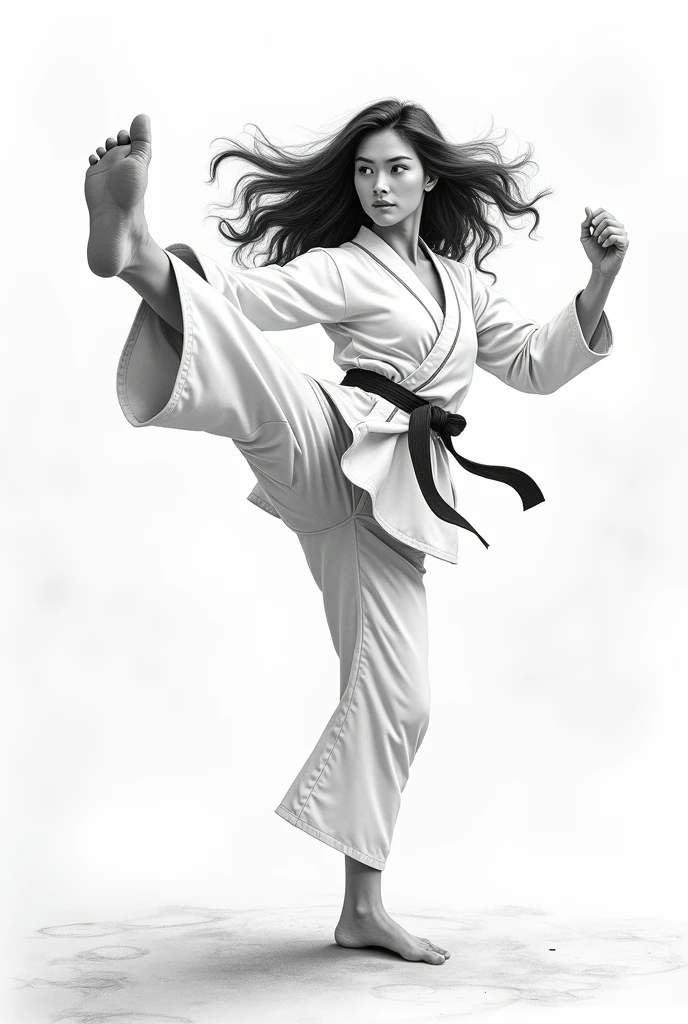 drawing of disney mulan with curly hair, in a white karate fighter outfit giving a kick in the form of a pencil drawing with the contours marked to make a tracing