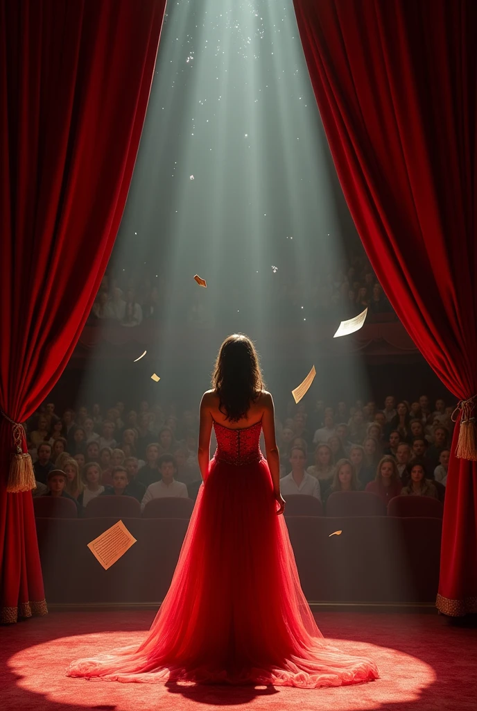 A stage lit with spotlights, with large red curtains open and in the background people sitting watching, The main image is a woman in an expressive pose, as if he were going to enter the scene, with a theater dress, your face has a determined look, There are small details around you, script notes floating and stars shining