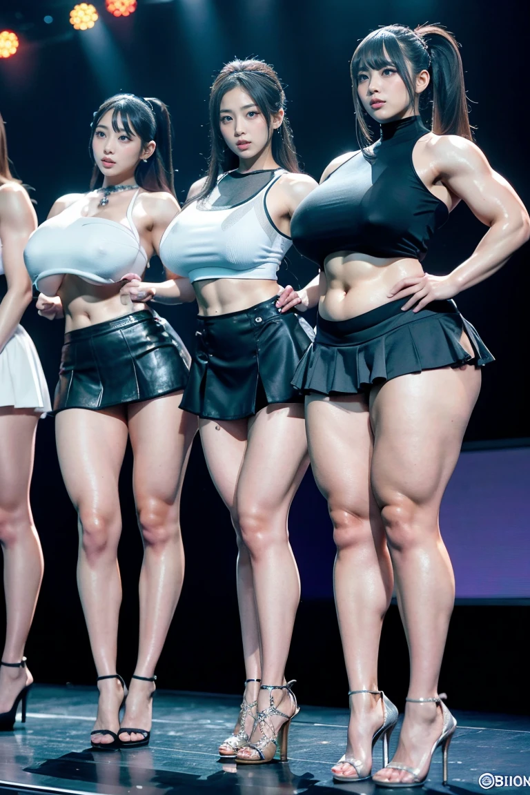 Ultra-high resolution, Realistic, Very detailed, Golden Ratio, Highest quality, Four people are standing full-body shot, (promotional photoshoot), (Are standing), Four people stand on the stage in high heels, (Four Beautiful female with Exemplary Figures), Beautiful Face, (Realisticな face), (biondeのショートカット:1.3), Korean bionde, bionde, long straight ponytail hair, hair band, Glare, Frowning, Drooling, Long Tongue, Verbal invitation, compensate, Frowning, Frowning, Surrealism, First Person View, First Person View, Wide-angle, Ultra-high resolution, Anatomically correct, Super detailed, 16K, (Four beautiful female standing side by side) (sexy wide thighs), (Very sexy long legs),(body builder girl), (wide muscles), ((very sexy abdominal muscles)), (huge breasts),(very voluptuous body),(grey short skirt)