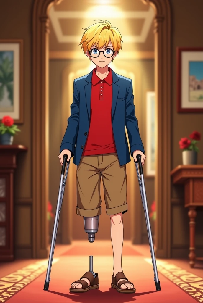 Teenage rich amputee boy with (blonde hair), only one leg and round glasses, wearing a (red polo shirt) under a (blue suit jacket), wearing (tan shorts) and (brown sandal), on crutches, smirking; (((Best quality))) master piece vector illustration; anime character in sharp focus; detailed and vibrant anime face;  character design; beautiful and vibrant digital art, hyperdetailed; overexaggerated features; Dynamic Lighting; Volumetric Lighting in 8k, Ultra Sharp Focus; intricate Artwork Masterpiece
