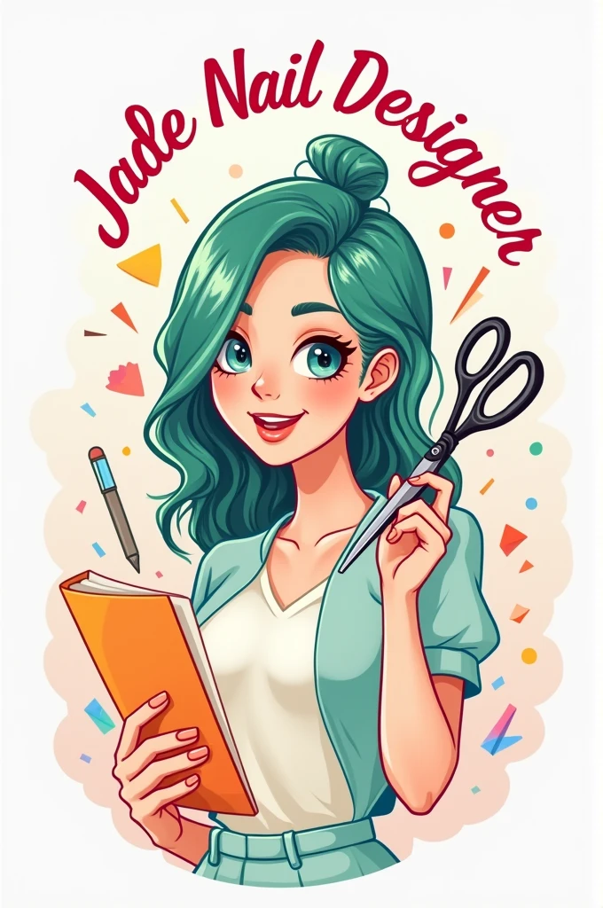 Create a logo for my stationery business with the theme of paper and scissors with the name Jade Nail Designer With a M Holding Paper in her hand and a pair of scissors with a younger woman about 20 years old