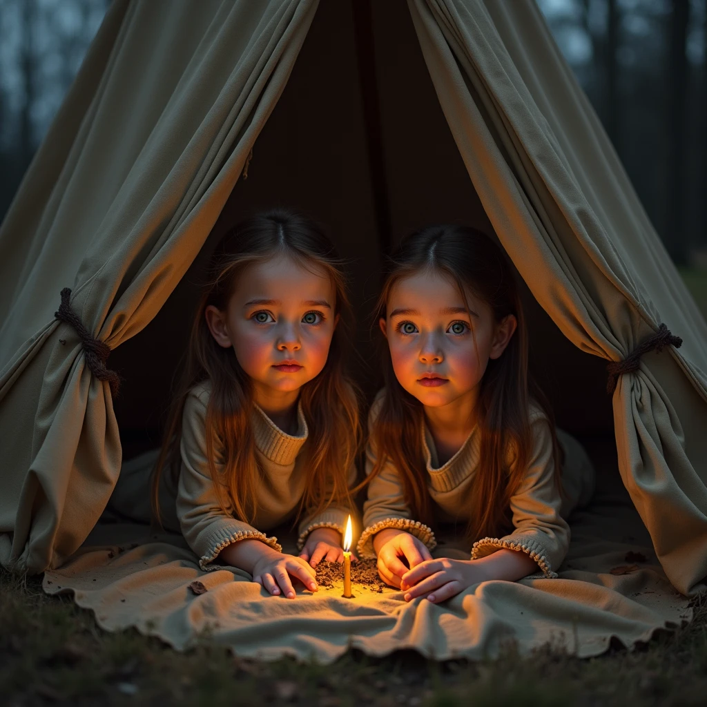 Mes moi une image montrant deux jeune fille de 11ans une qui s’appelle ambre elle est brune des cheveux longs et un autre qui s’appelle Viviane elle est rousses de cheuveux long elles étais dans une tantes voyant une  sur la fermeture de la tante ambre et Viviane tout effrayer criant dans le tente pendant la nuit noir étais dans leurs tante pendant que ambre et Viviane étais heu aussi dans leur tante 