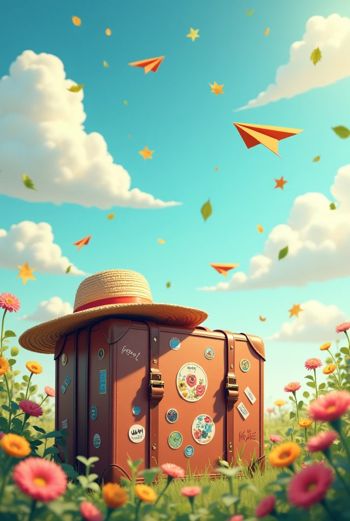 There is a suitcase with a straw hat on it., clouds, atmosphere, leaves, chrysanthemums floating in the air, Paper airplanes, (thumbnail: 1.2), 2.5d illustration, 3D rendering, 3d modeling, bubble matte, trend in 3d art by behans, trend in 3d art by behans, 3D illustration, 3D illustration, 3D illustration, commercial illustration, Color representation in 4D cinema, 3D rendering stylization, stylized digital illustration, stylized 3D scene, stylized 3D rendering