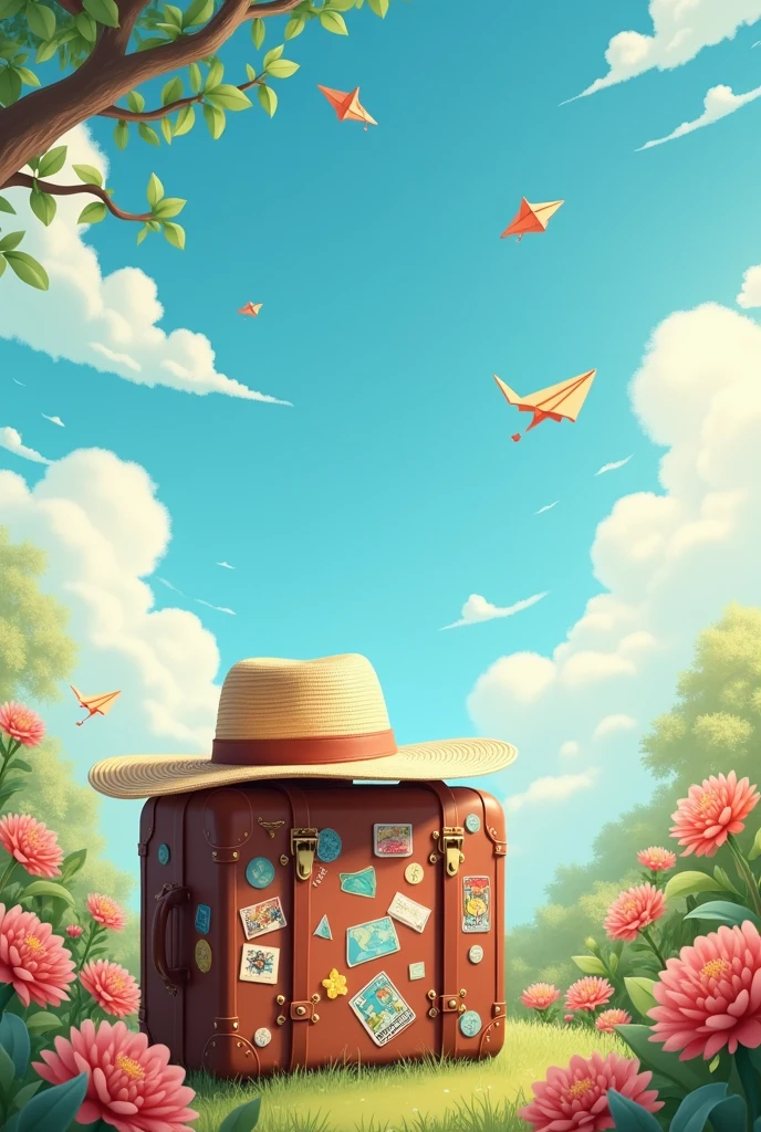 There is a suitcase with a straw hat on it., clouds, atmosphere, leaves, chrysanthemums floating in the air, Paper airplanes, (thumbnail: 1.2), 2.5d illustration, 3D rendering, 3d modeling, bubble matte, trend in 3d art by behans, trend in 3d art by behans, 3D illustration, 3D illustration, 3D illustration, commercial illustration, Color representation in 4D cinema, 3D rendering stylization, stylized digital illustration, stylized 3D scene, stylized 3D rendering