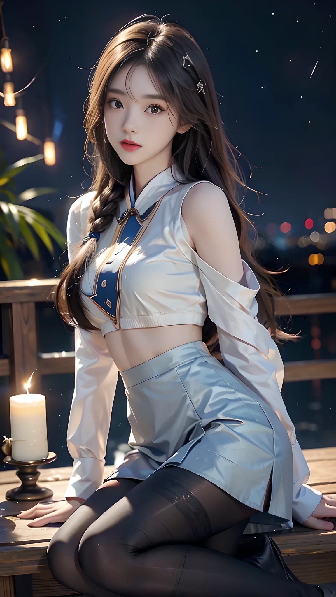 ulzzang-6500-v1.1, (RAW photo: 1.2), (Real photo), (Real photo: 1.4), 1 girl、Perfect anatomy、19 years old、Looking at the camera、Medium length hair、side braid, short white uniform skirt, holding a white jade bracelet next to the flickering candles at night, under the starry night sky, ((starry night: 1.1))、(Hyperrealistic tights: 1.2), (Business service)、Asian eyes Ella,