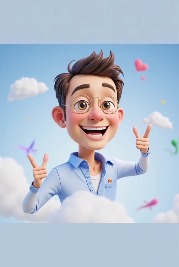 Cartoon character of a man blue shirt 35 years old, an animated character, stylized character, animation style rendering, 3d stylized, smiling and making a nice hand sign