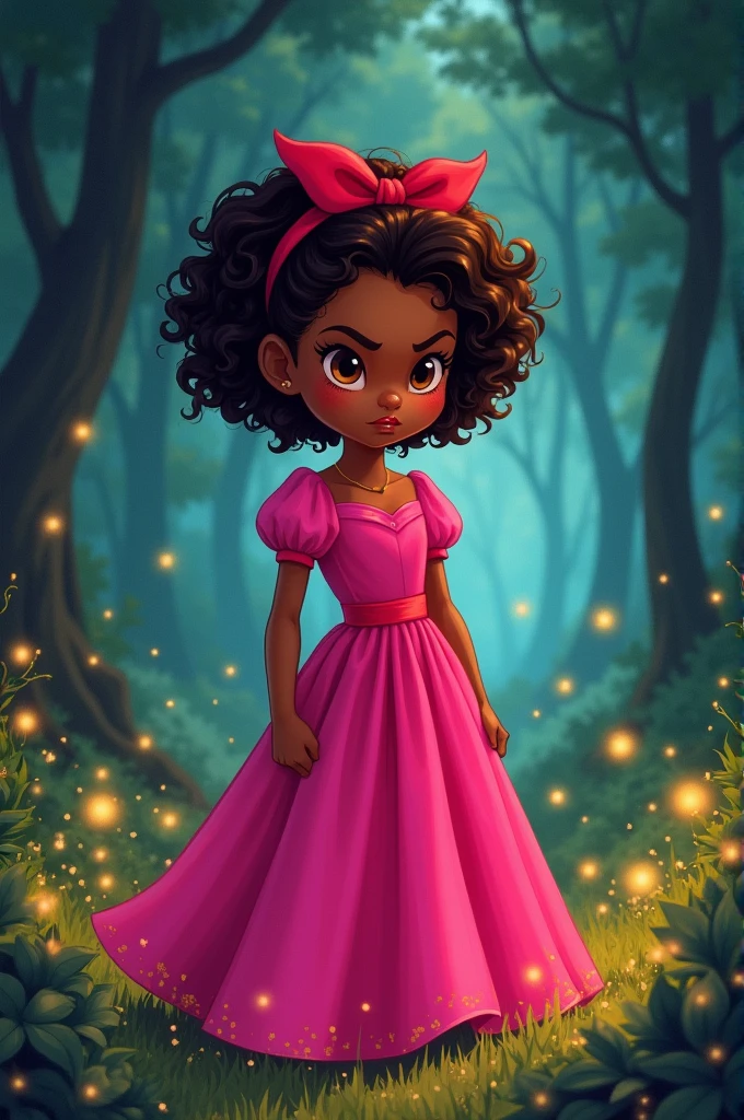 Can you draw a picture of a young girl?, Woman, white, eyes browns, chestnut hair, curly, pixie cut, dark tone, wearing a hot pink dress, With an angry expression, in Disney princess 2d drawing style