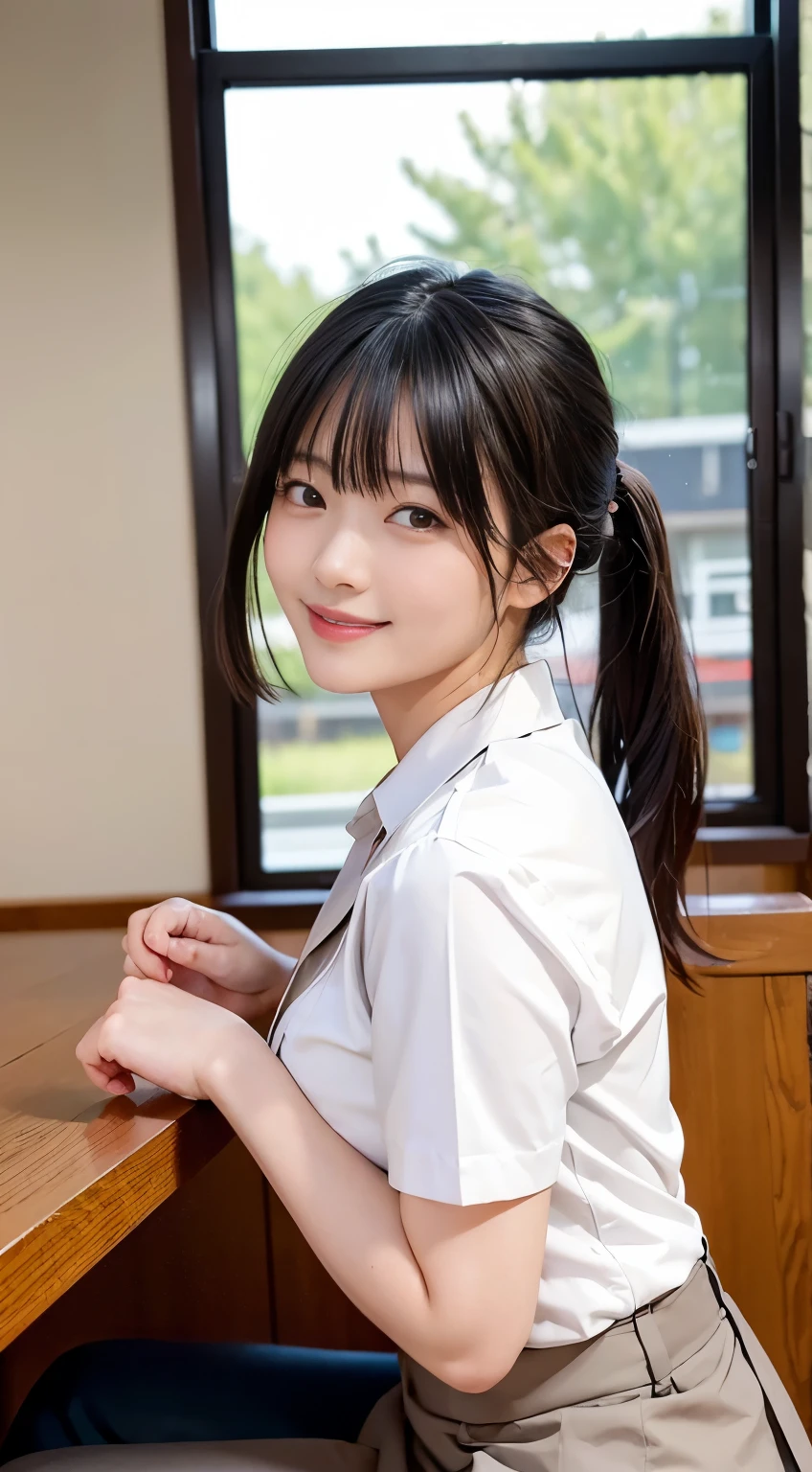 (Highest quality,masterpiece:1.3,Ultra-high resolution,),(Very detailed,Caustics),(Realistic:1.4,RAW shooting,)Ultra-Realistic Capture,Very detailed,High resolution 16K human skin closeup。 Natural skin texture、,pores、、、、It must be detailed enough to be easily identifiable。 Skin tone is even and healthy looking。 Use natural light and color,restaurant,Waitress Uniform,1 person,Japanese,18-year-old,cute,Black-haired,ponytail,Big Breasts,smile,Turn your body forward,(Front view:1.1),Looking into the camera,Cowboy Shot,