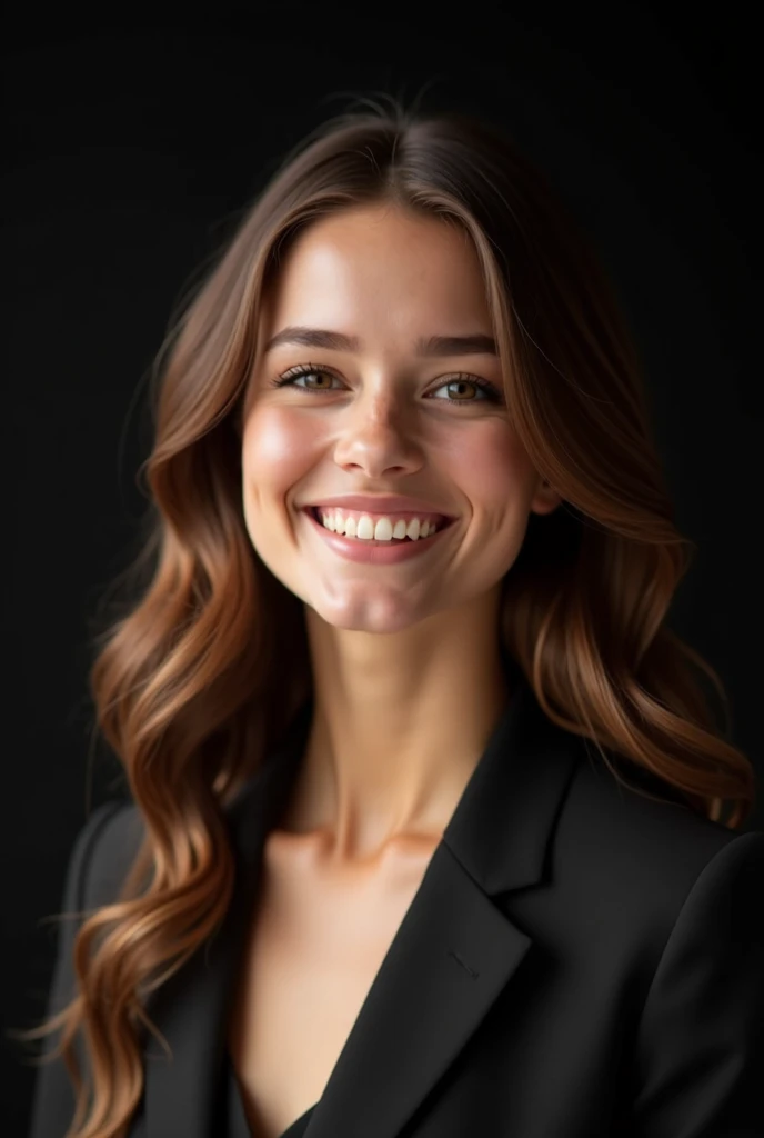 Create a smiling young woman of about 22 years old, Linda, chestnut wavy hair, confident and successful, friendly and charming but with a powerful and engaging look, in a modern professional environment with a black background. Add elements of elegance, confidence and subtle elements of lights or glitter to highlight the inspiration.