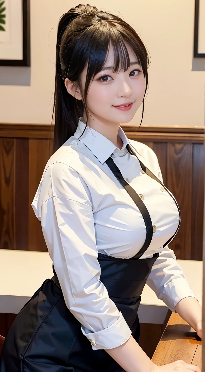 Professional Dress，At the office，((See panties))，Miniskirt，pony tails，White color blouse，See cleavage，sitted，The characters are ultra-clear