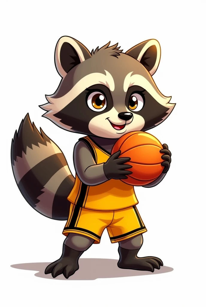 Create a cartoon style raccoon where he is holding a basketball, His uniform is yellow with black details, without sports brands. White background 