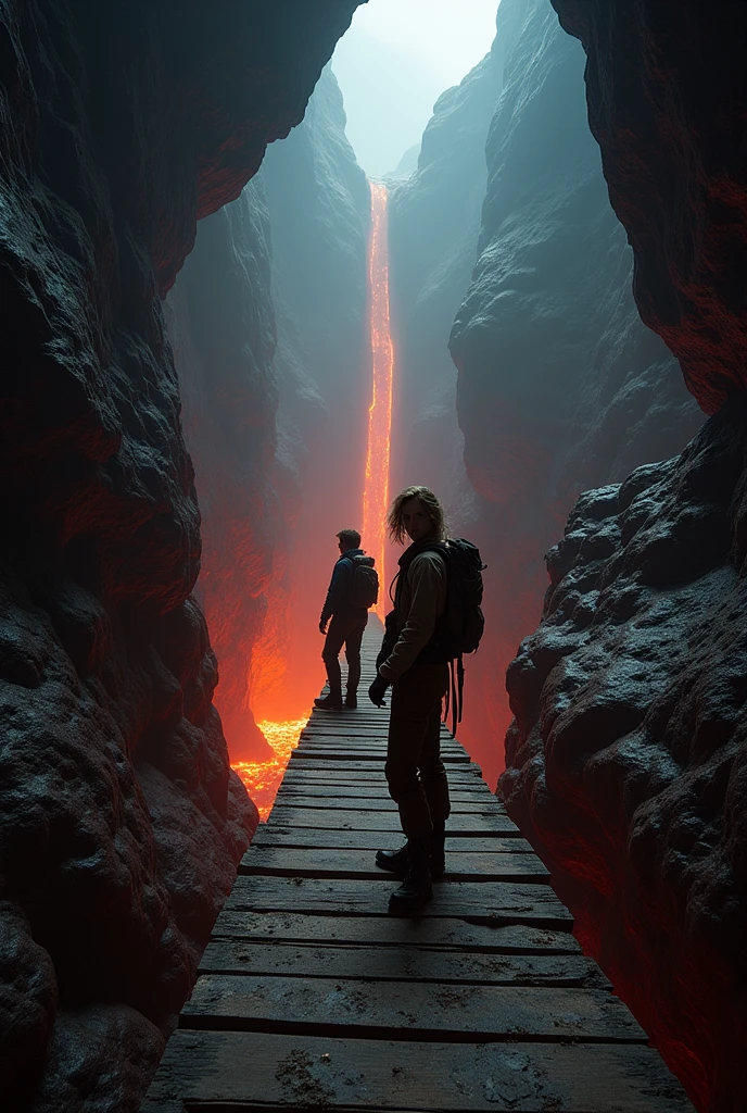 A dark cave with a huge cliff and in the background a river of lava and a super long wooden bridge connecting the exit of the cave and the other part of the cave. And there are also two scientists, a young man and a woman with loose hair, about to cross the bridge.. And everyone has special clothing for dangerous expeditions