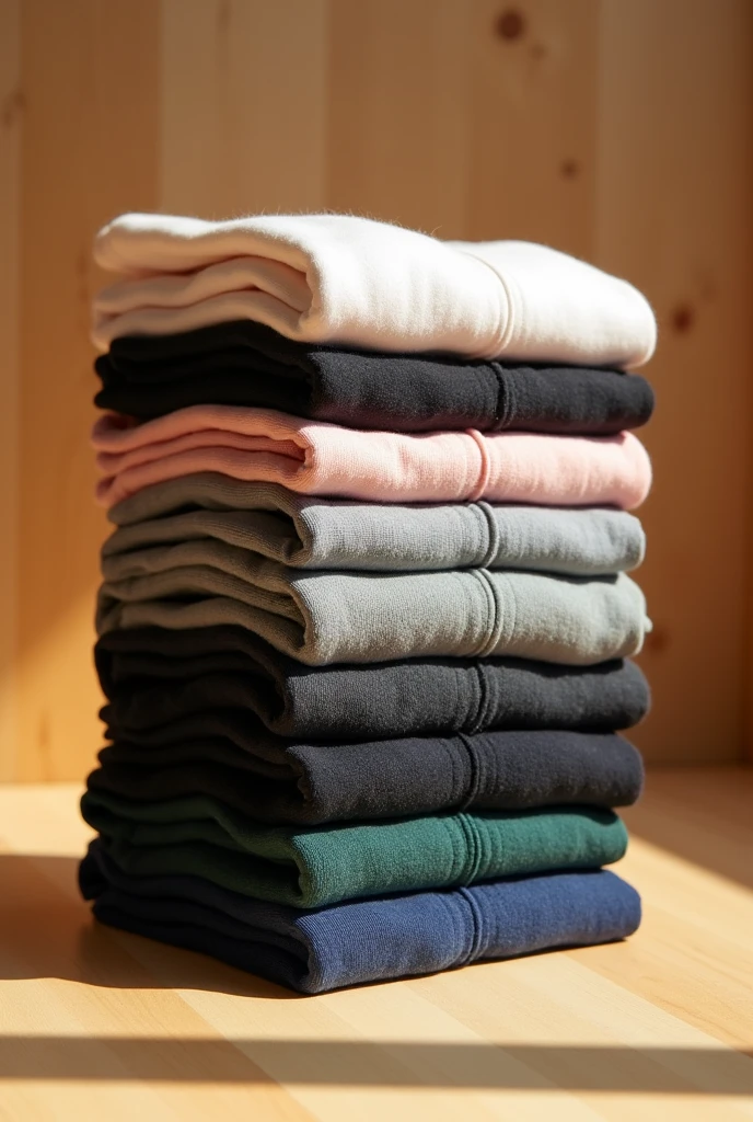 a stack of 10pairs of  thin cotton in socks in  pale pink, black,gray, dark green and dark blue