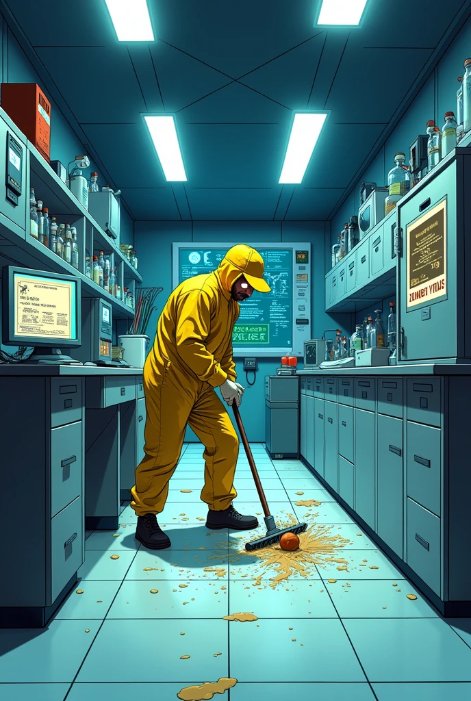 I want an animated image of a cleaning staff knocking a vial out of the safety cabinet in the lab where there is a zombie virus