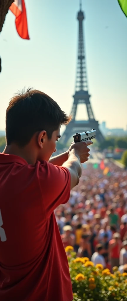 Shooting with a  aiming at a target in the Paris Olympic Games in the background in the distance