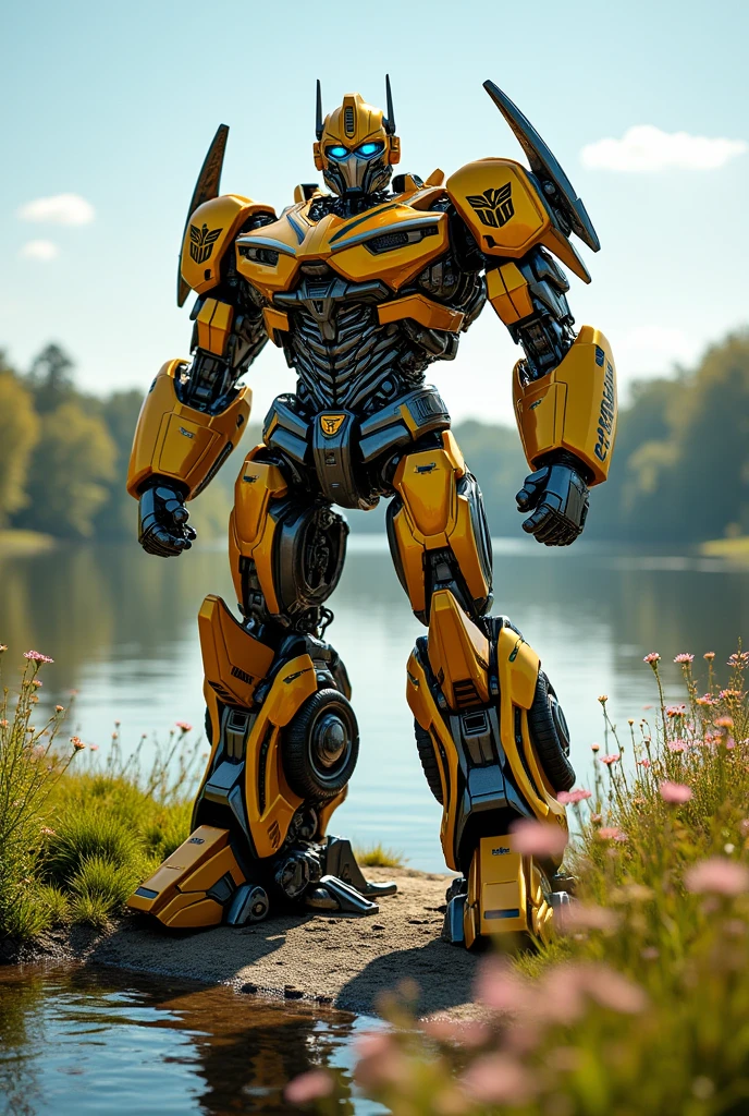 Optimus prime standing on the bank of a river in yellow suit