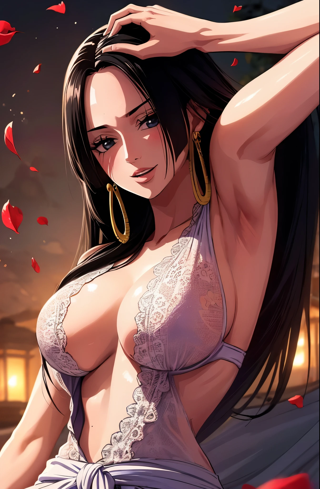 best quality, Masterpiece, Highly detailed,1 girl, ((rose)), (vine), cage, bandage, Red Rope, (detailed lighting), falling rose petals, Boa Hancock, (no:1.5), (Masterpiece:1.5), Detailed photos, smile, sexy, (8K, realistic, best quality: 1.4), (1 girl), beautiful Face, (realistic anime face), (black hair, long hair: 1.3), beautiful Hairstyle, realistic eyes, ดวงตาที่มีรายละเอียดbeautifulงาม, (white skin), ผิวbeautiful, nonsense, charming, Ultra high resolution, ultra realistic, high definition, golden ratio, (sexual arousal:1.5), Pinkish white skin, cool white light, ท่าsexy, beautiful , white background, cool white lightสีชมพู, Wear a white tank top.hourglasss body,big boobs , sexy curves