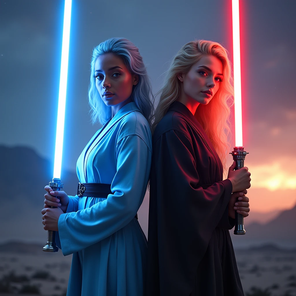 1 beautiful biracial latina woman, light blue hair, light blue eyes, big large breasts, cosplay in blue jedi with lighsaber blue close to a beautiful white woman, blue eyes, blond hair, big large breast, cosplay in black jedi lightsaber red, Résolution Haute, photorealism,Plan Américain, Vues Multiples, photoshoot