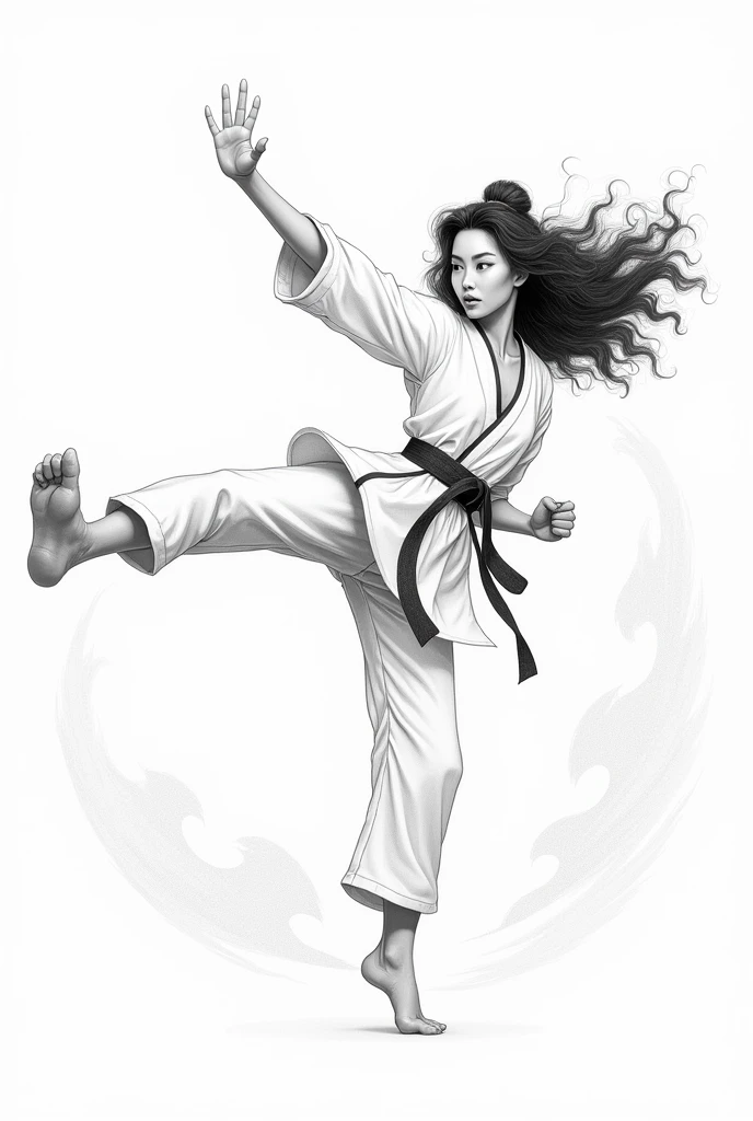 drawing of disney mulan with curly hair, in a white karate fighter outfit giving a kick in the form of a pencil drawing with the contours marked to make a tracing