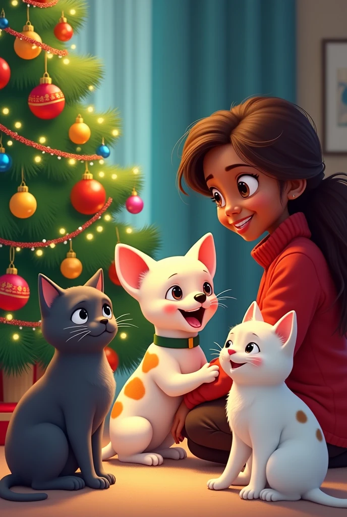 (photorealism:1.2),Create a cartoon illustration of my pet with a 2D animation style. He is next to the Christmas tree, he is a dog, he is a chihuhuha, white in color with light brown spots, and he is with his owner, a  with dark skin, long brown hair, and 2 cats, one gray with spots and one white with spots.