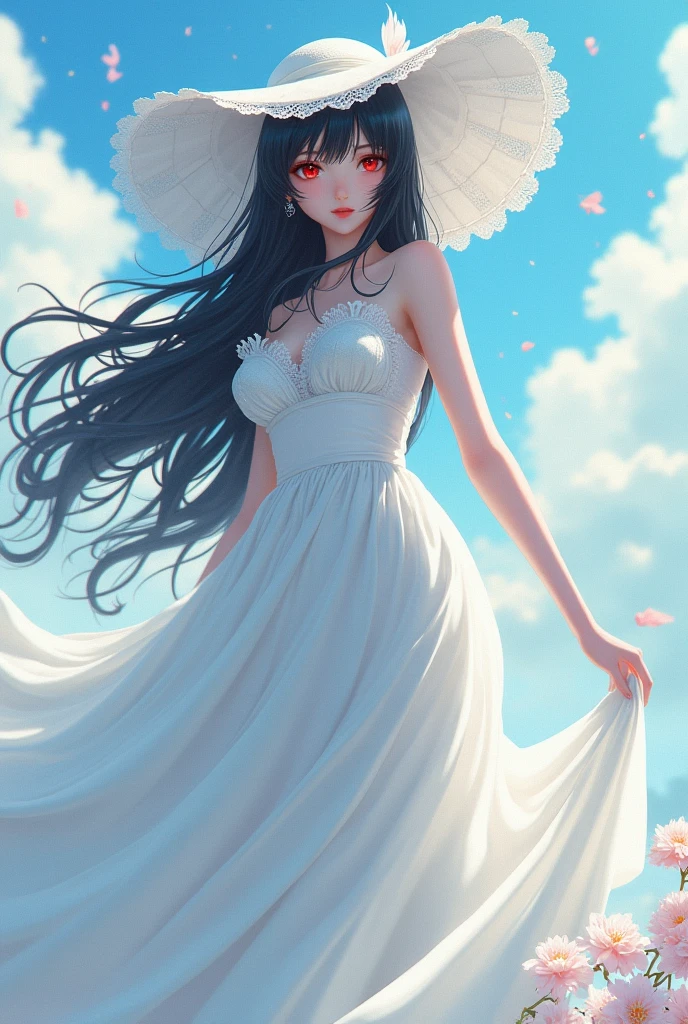 White woman, Black hair, Big White hat, Red eyes, Thick body, Huge breasts, Big boobs, Big ass, Tall, White dress, Anime style, Ghost aura, Giant breasts, big boobs, Giant breasts 