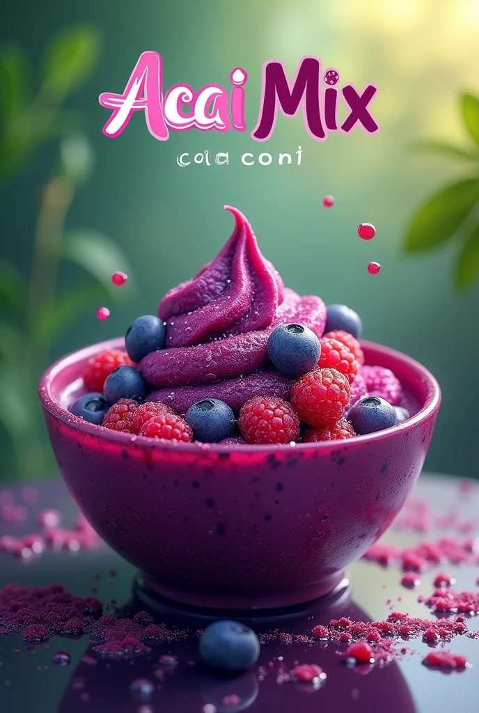No design, You can use a picture of a very tasty acai bowl, with a creamy texture and a touch of fresh açaí, not including additional fruits. Choose a color palette that evokes nature and freshness, like shades of purple and green. Whose name will be "Acai Mix" I want the name of the business on the poster, I want the açaí from Pará with buba flour and the most catchy name