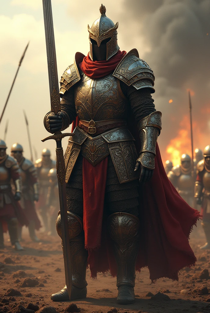 Warrior in shining armor with sword and helmet at war 

