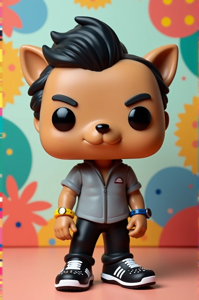 Funko pop of a light brown skinned animal, slicked black hair, with black and white crocs, with watch on wrist. no tattoos, without glasses. with gray shirt and black pants.