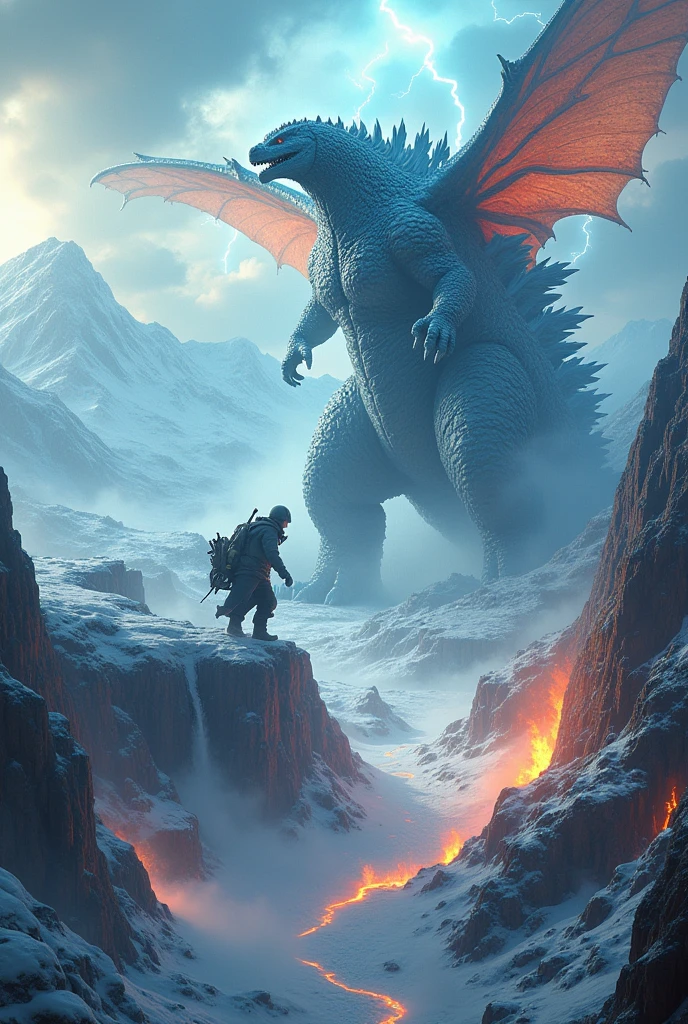 An ice goodzilla fighting with an iron dragonfly titan


